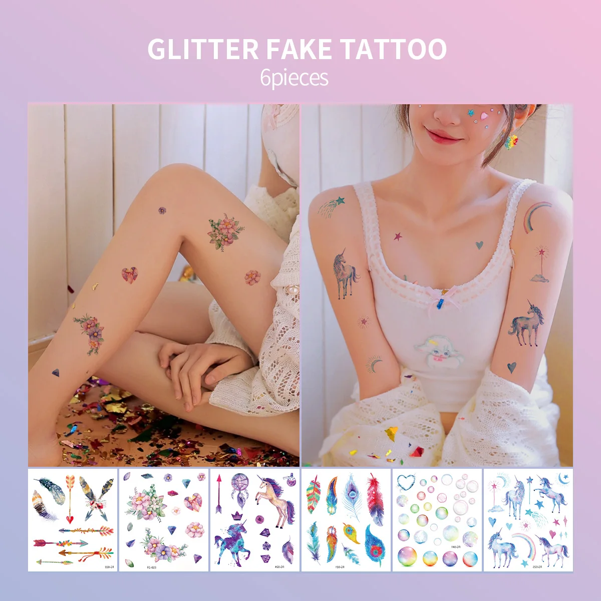 

6pcs Glitter Powder Feather Tattoo Disposable Temporary Body Sticker Gradient Color Peacock Unicorn BUbble tatouage temporaire