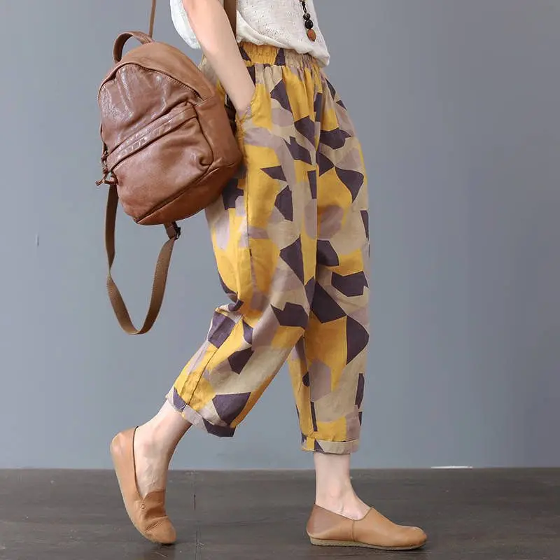 Artistic Harlan Pants Cotton Linen Print Women's High Waist plus Size Fashionable Summer Slimming Trousers by Ba Mei You