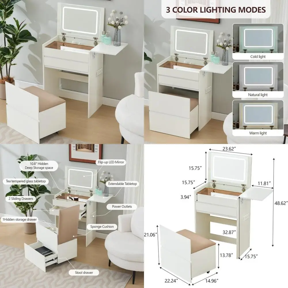 3 in 1 vanity desk, compact makeup desk flip-up lighted mirror narrow vanity power outlet nightstand with drawers for small spac