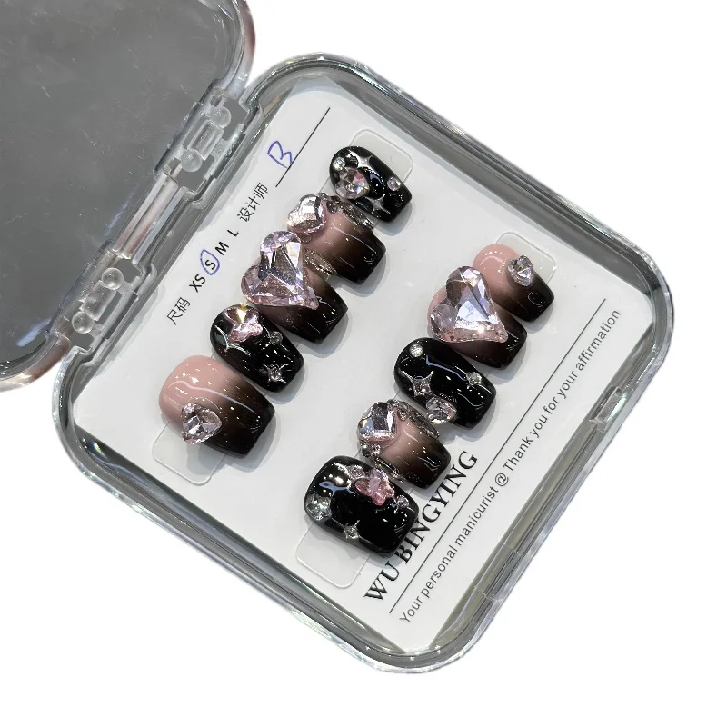 

Handmade fake nail patch whitening nail art finished black powder finished wearing nail