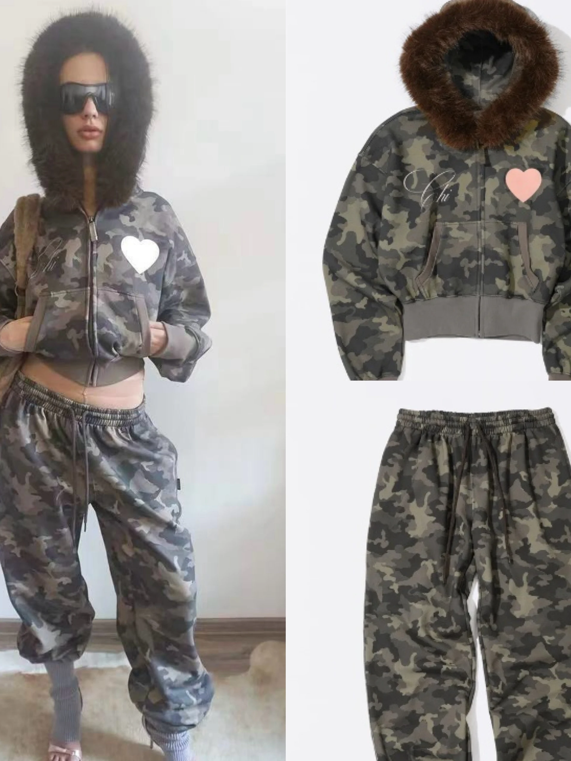 

American Sle Fce Lined Camouflage Print Sweatirt Jaet with Large Fur Collar Zipper Closure ort Length Women's Top