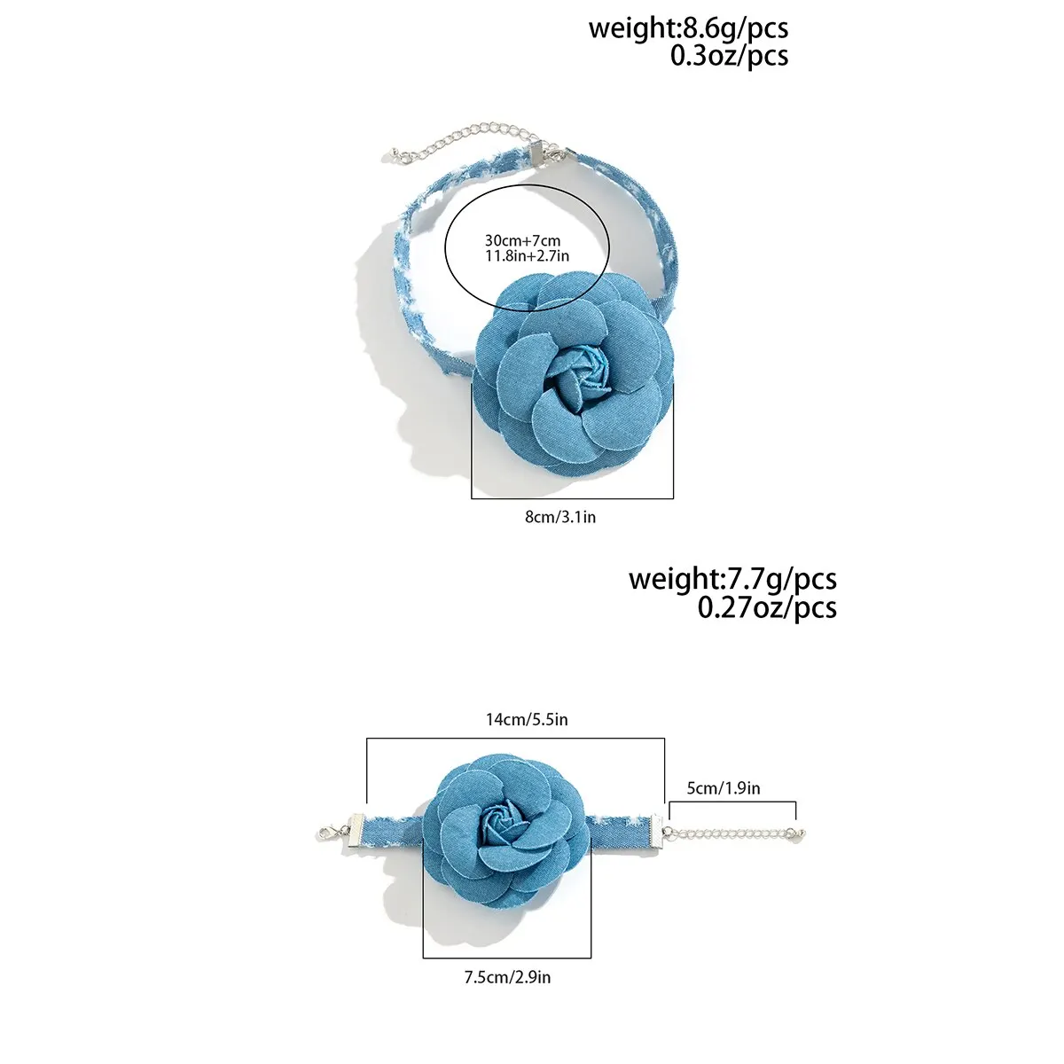 Женский элегантный Комплект украшений из цепочки и браслета, элегантный комплект ювелирных изделий из ожерелья и браслета с крупными синими цветами розы из денима, Y2K