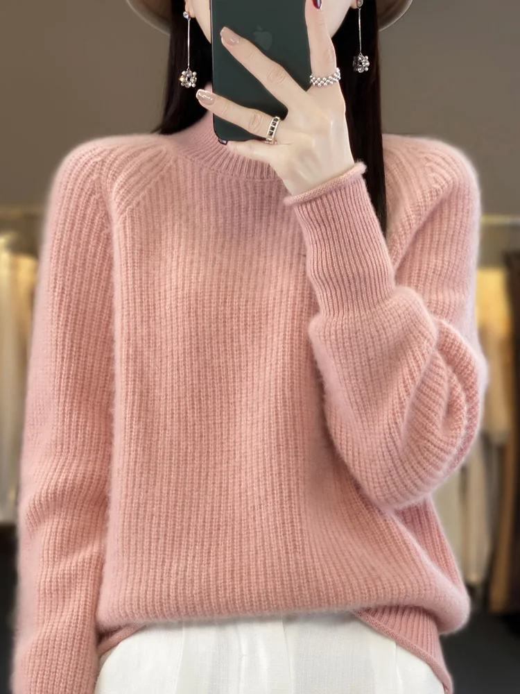 New Autumn Winter Women Sweater Thick Mock Neck 100% Merino Wool Pullover Solid Casual Cashmere Knitwear Korean Fashion Top