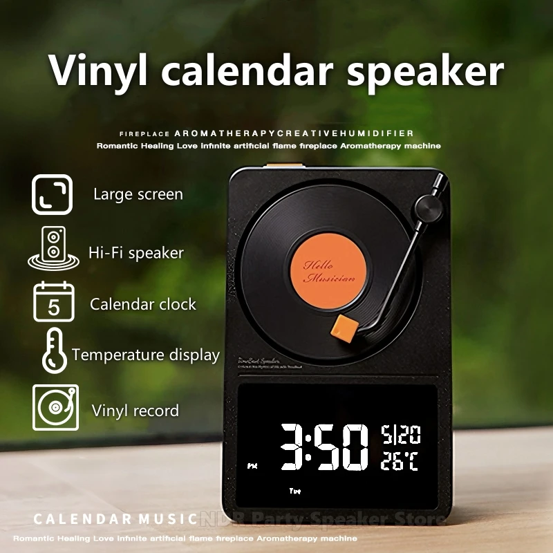 

New 15W Bluetooth Speaker Retro Vinyl Record Player Wireless Small Audio Clock Temperature Display High-quality Sound Ornaments