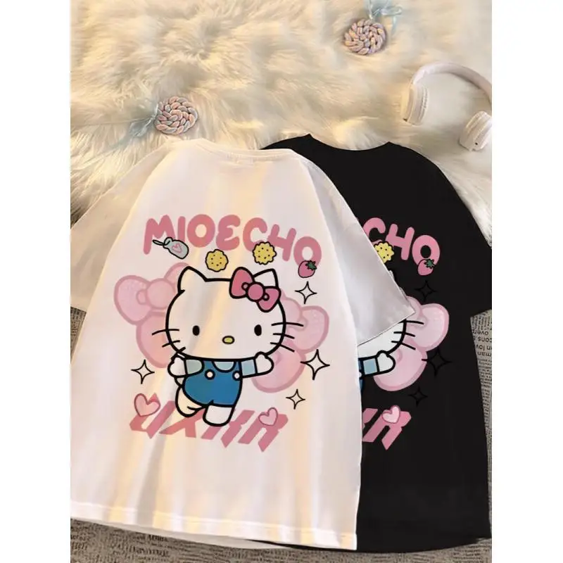 

Женская футболка Sanrio Hello Kitty, топы с короткими рукавами, хлопковые, для лета, повседневная одежда, модный новый стиль с мультяшным принтом