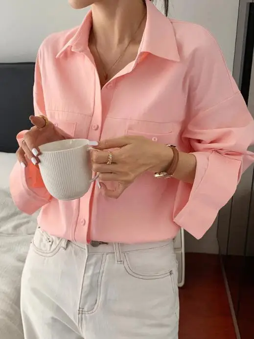 Camisa casual de manga comprida para férias de outono, elegante, simples, textura sofisticada, camisa feminina para deslocamento com gola de lapela