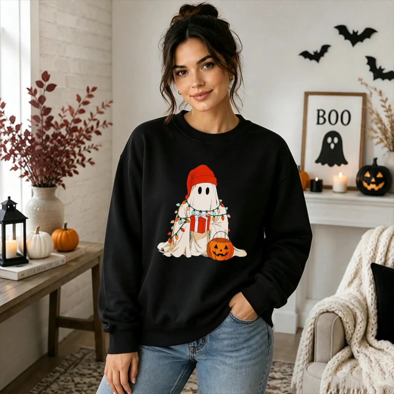 Cute Ghost in Santa Hat Mixed Halloween Christmas Design Pumpkin Bucket Xmas String Lights Gift Box Spooky Holiday Cartoon Tops