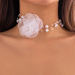 Ingemark Elegant White Big Rose Flower Clavicle Chain Necklace for Women Wed Imitation Pearl Rope Choker Aesthetic Neck Jewelry