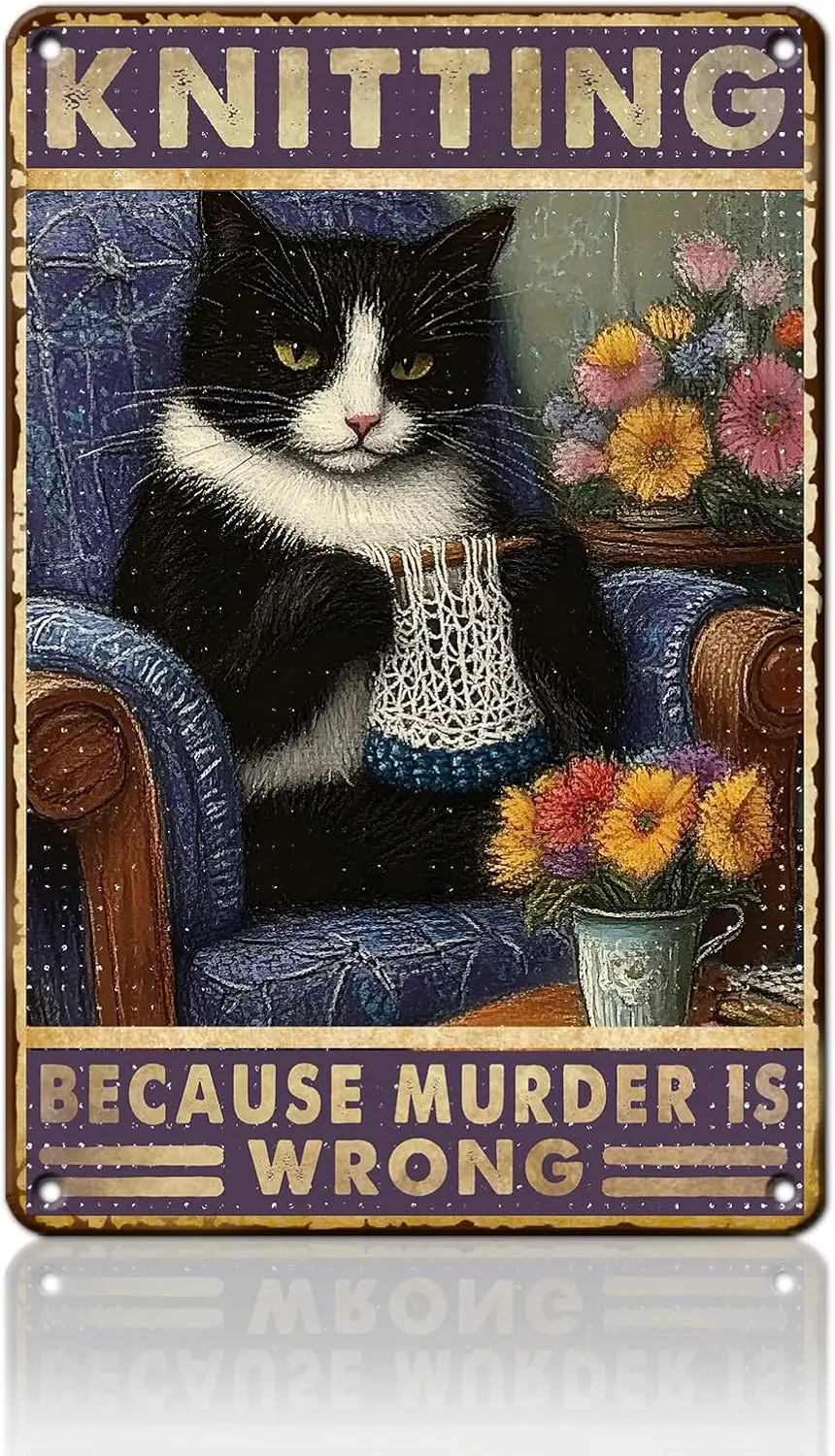 Black Cat Vintage Tin Sign Knitting Because Murder is Wrong Metal Signs for Bathroom Decor Living Room Home