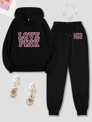 Casual exercise two-piece set, printed long sleeved hooded sweatshirt and drawstring jogging pants set, women's clothing