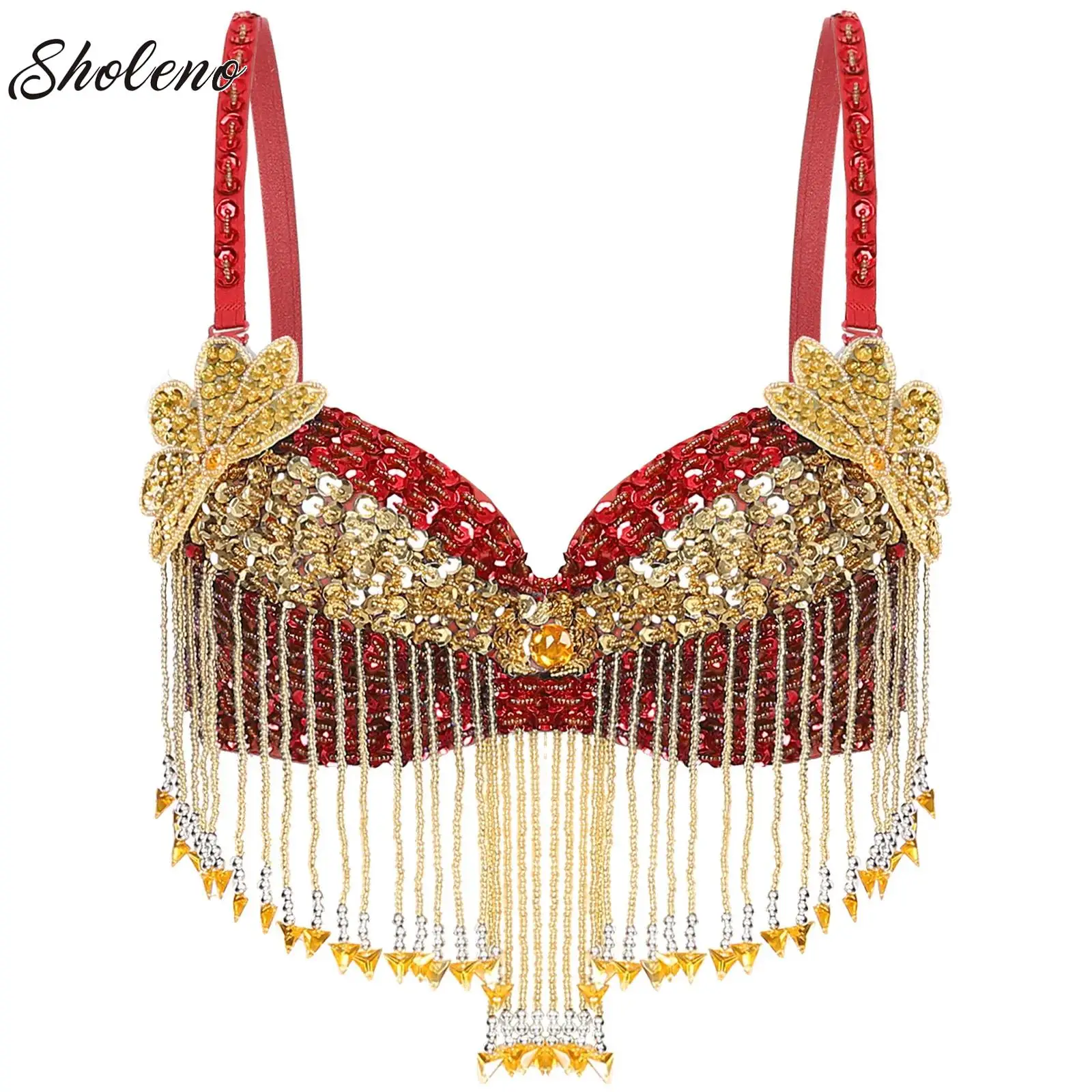 

Womens Belly Dance Performance Costume Adjustable Straps Shiny Sequins Plastic Beaded Tassels Underwired Bellywood Bra Tops Vest