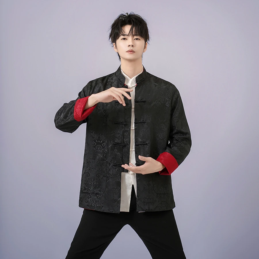 

Double-Sided Kungfu Shirt Casual Taichi Costume Men's Jacket Chinese Retro Tang Clothes Vintage Button Down Hanfu Red Coat