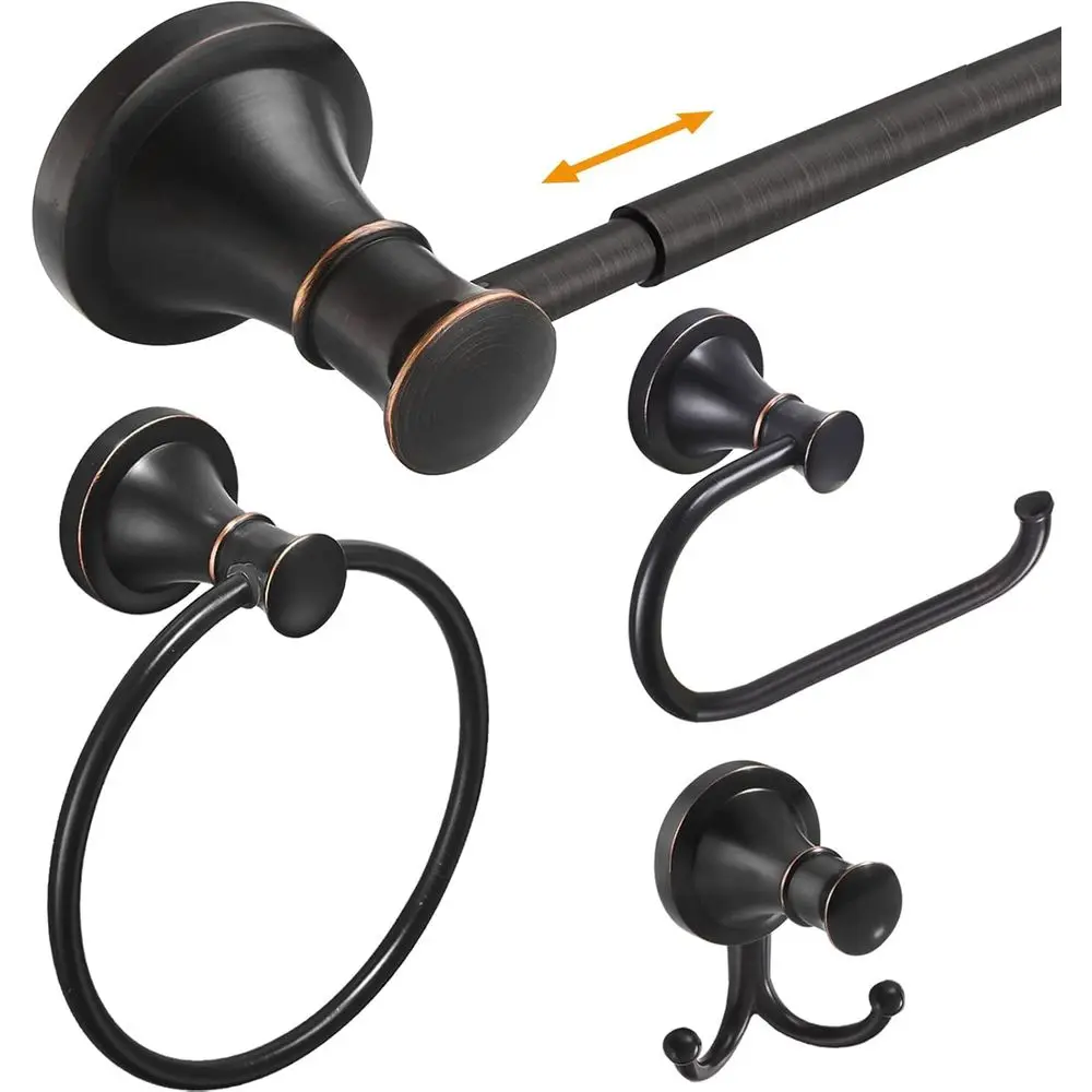 

4-Piece Oil Rubbed Bronze Wall Mount Bathroom Accessory Set: Adjustable Towel Bar, Ring, Paper Holder, Double Hooks