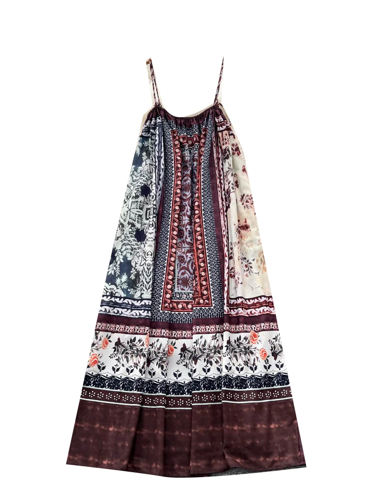 보헤미안 휴가 스타일 꽃 프린트 스트랩 드레스 여성 느슨한 고기 커버 레트로 디자인 우아한 미디 스커트 여름 드레스