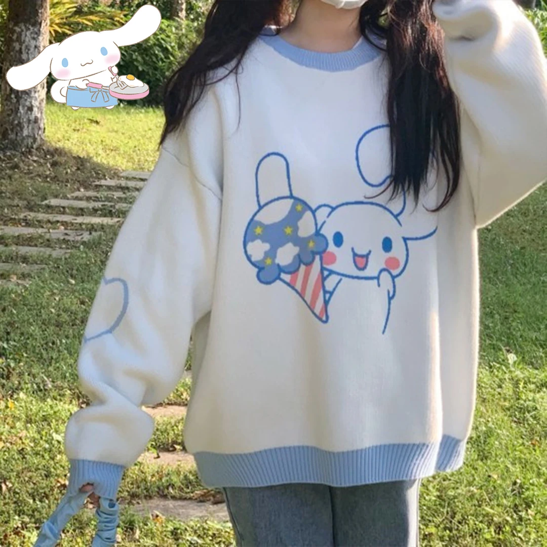 

Свитер в стиле аниме Sanrio Cinnamoroll My Melody Kawaii, осень-зима, консервативный свитер для студенток и девочек, топ с круглым вырезом, Harajuku, свободный сладкий