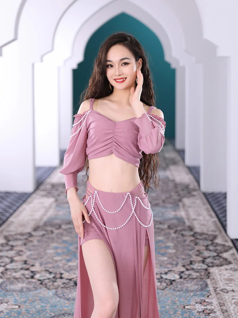 Belly Dance Court Style lantern Practice Clothes Pearl Mmbellishment Hollow High Slit Sexy Long Skirt Stage Performance