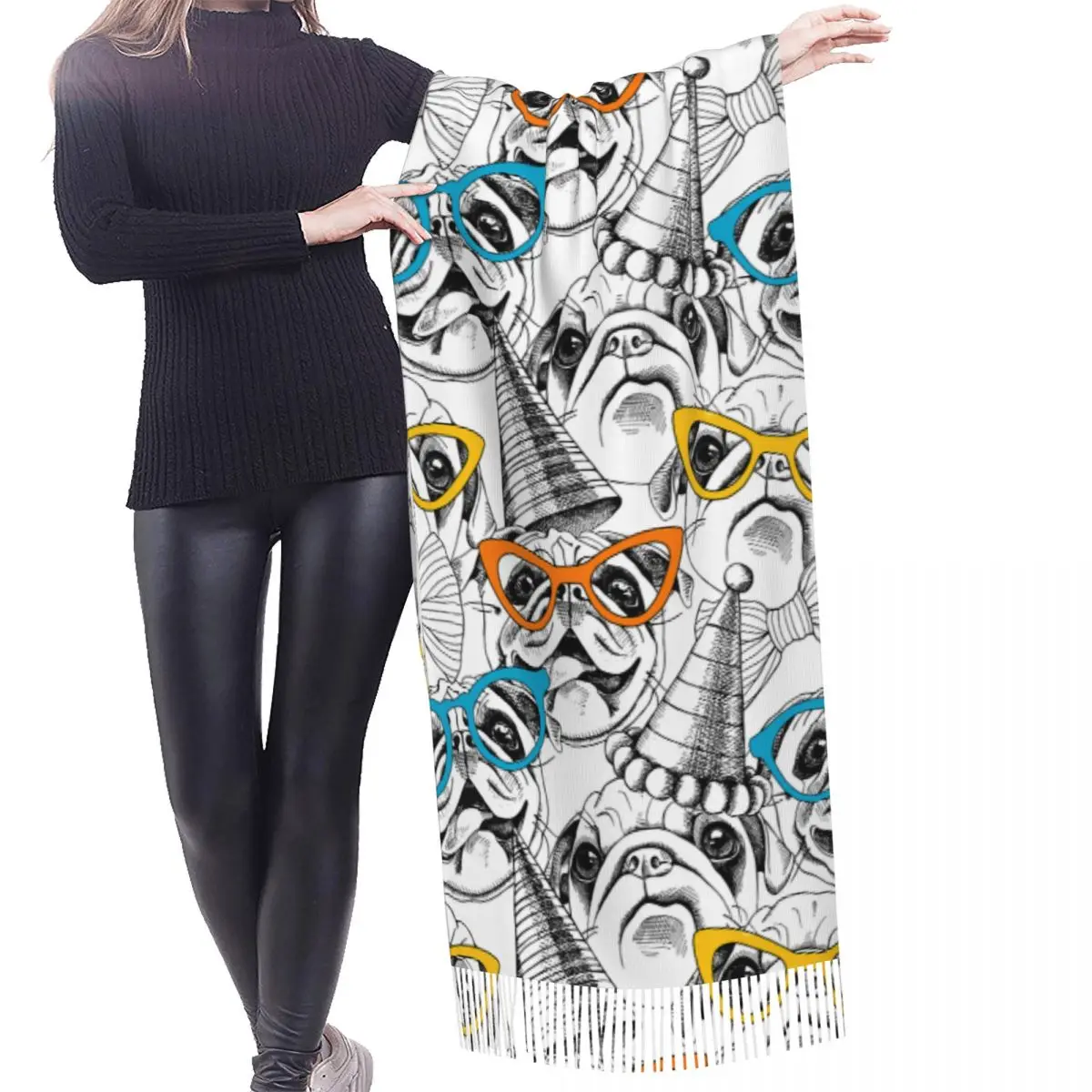 Custom Print Seamless Pattern With Image Of A Pug Scarf Men Women Winter Warm Scarves Shawl Wrap