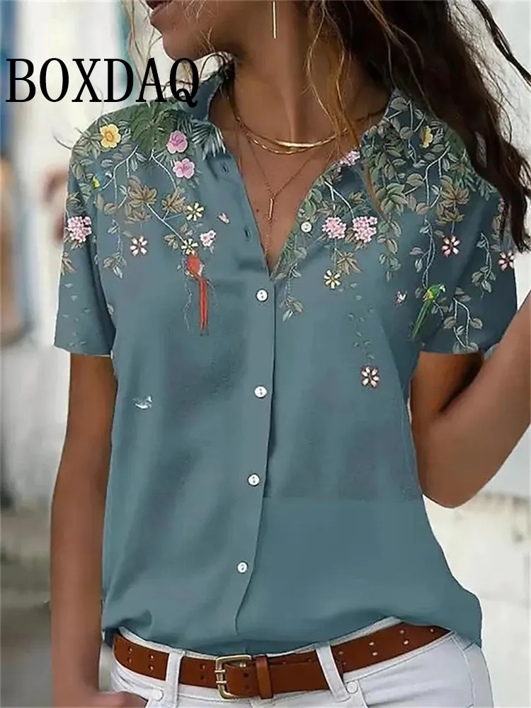 

Summer Chic Women's Lapel Short-Sleeved Loose Shirts Spring Single-Breasted Tops Casual Flower Printed Blouses Women's Clothing