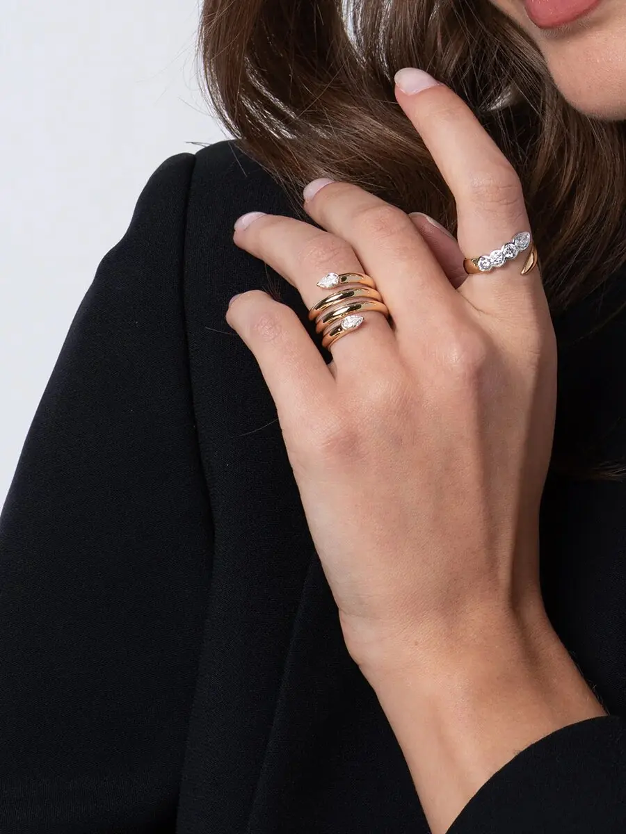 Gold Color Fashion Women Full Finger Jewelry Sparking Bling Tear Drop CZ Multi Wrap Snake Ring