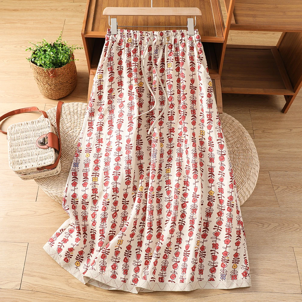 

plus Size Cotton Linen Print Loose Midi Skirt for Mom Summer New Style Artistic Commute Casual Standard Fit A-Line Skirt