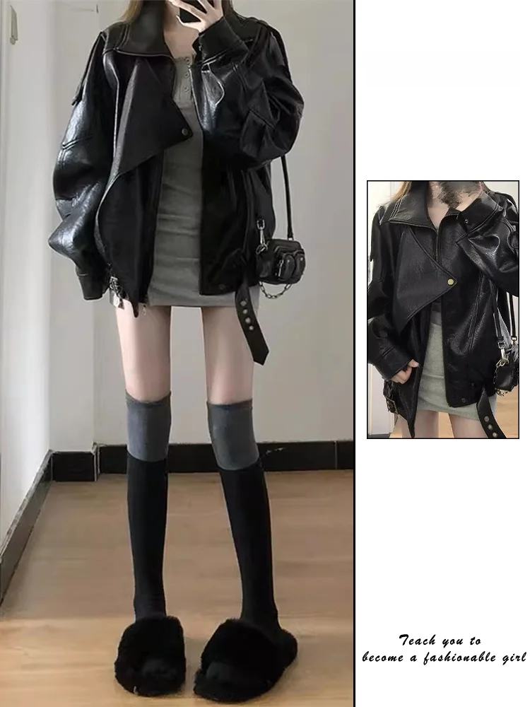 เสื้อแจ็คเก็ตหนังสไตล์เรโทรสำหรับผู้หญิง ฤดูใบไม้ร่วง ฤดูหนาว หนัง PU แบบมีซิป แฟชั่น เสื้อคลุมลำลอง
