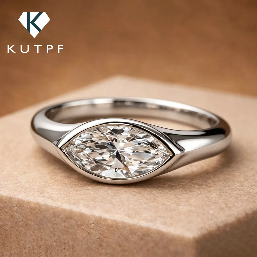 2carat East West Marquise Cut Moissanite Engagement Rings for Women S925 Silver Bezel Set Solitaire Diamond Width Wedding Band