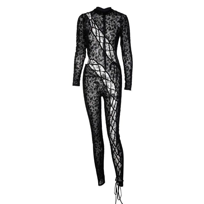 Sexy Damenkleidung Leoparden-Muster Mesh-Jumpsuit mit Langen Ärmeln, Kreuzschnürung, Cut-Outs, Durchsichtiger Nachtclub-Party-Bodysuit – Detail 6
