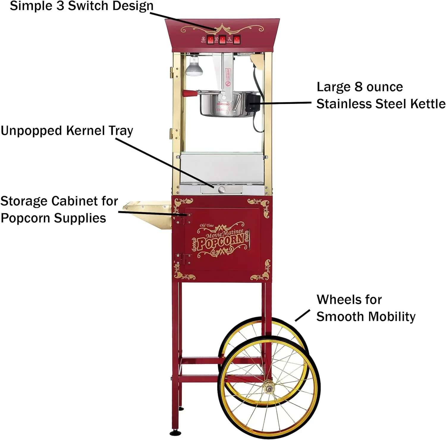 NEW.Matinee Popcorn Machine with Cart - 8oz Popper with Stainless-Steel Kettle, Warming Light, and Accessories by Great Northern