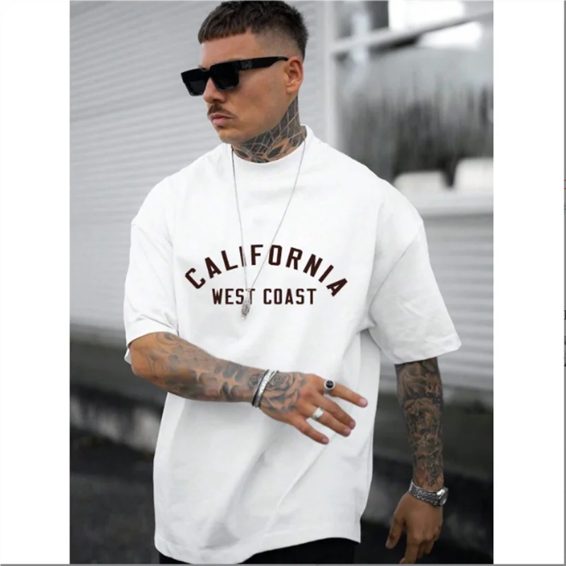 2024 New Summer Fashion Men's T-shirt English Letter Print Pattern Casual Loose Street Fitness High Quality Cotton Tops clothing