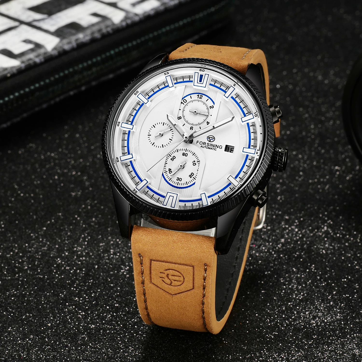 FORSINING Top Luxury Man Watch Three Dial Automatic Mechanical Waterproof Luminous Calendar Display Brown Leather Band Men Clock