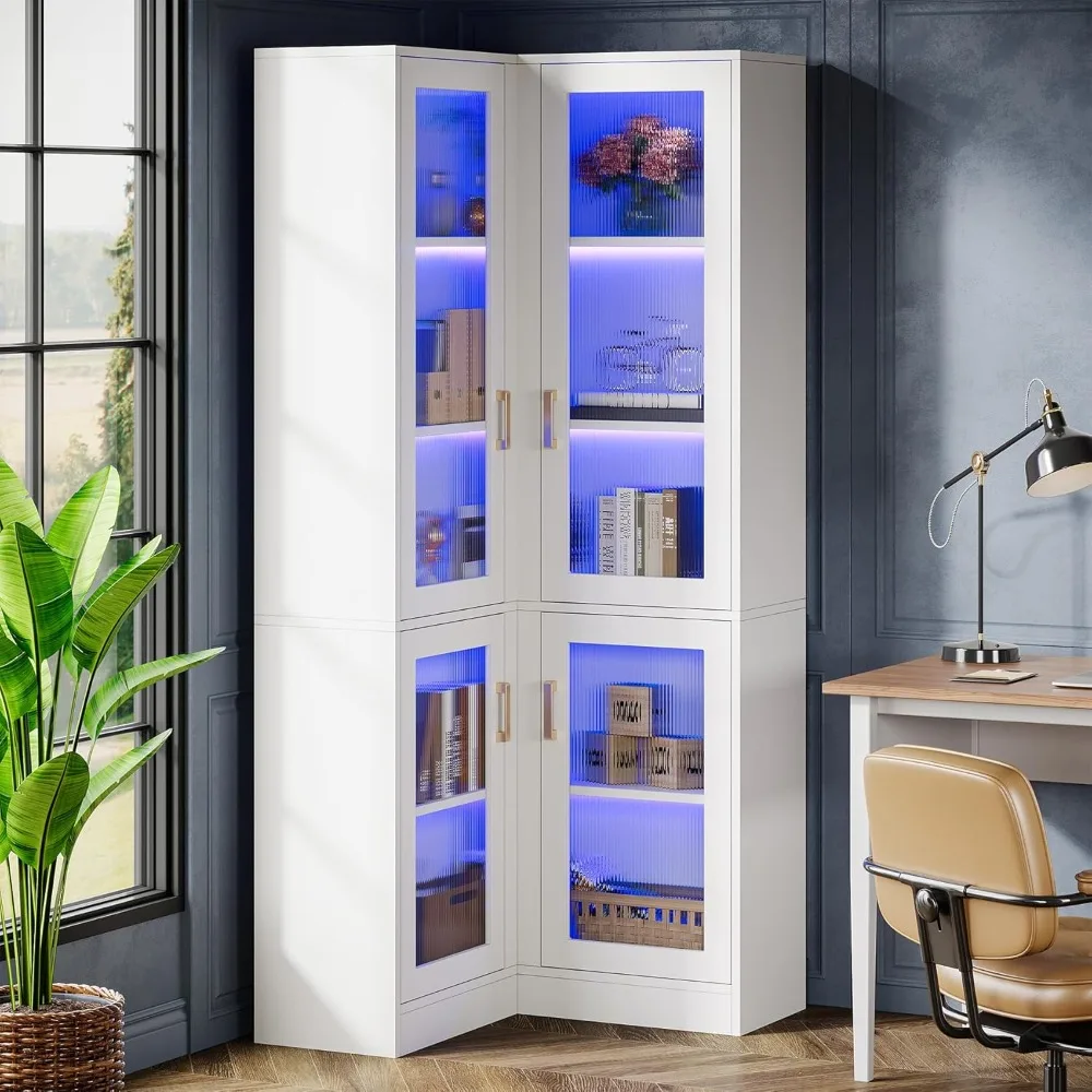

70.9"Tall Bookcase with LED Light, Modern 5-Tier Bookshelf Display Cabinet with 4 Acrylic Doors, L-Shaped Corner Storage Cabinet