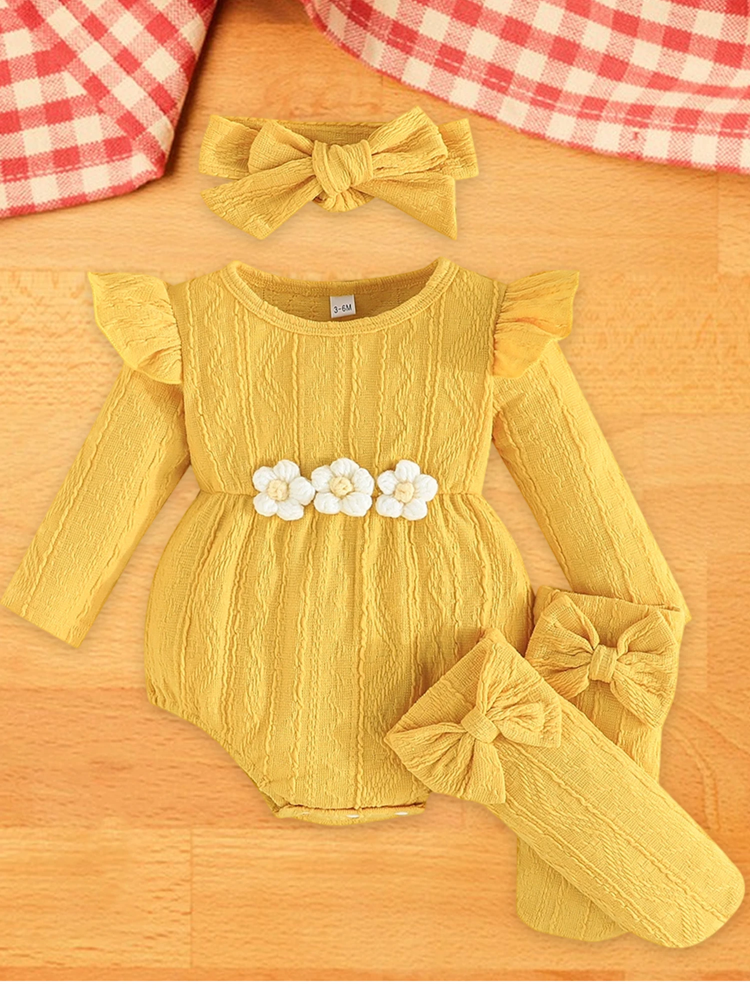 

Adorable Baby Girl Set Floral Print Long Sleeve Romper with Matching Headband and Socks Cute Fall Outfit for Newborns