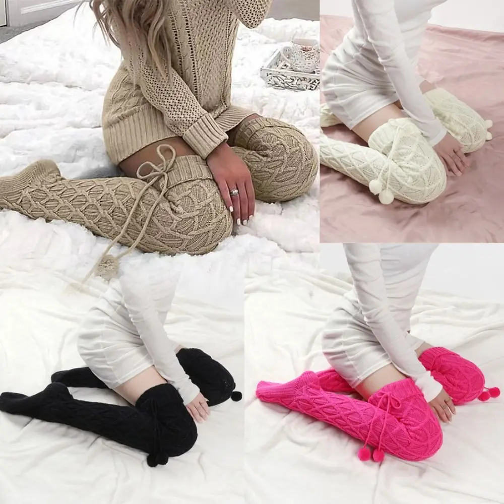 

New with Ball Tassel Tight Socks Warm Solid Color Long Socks Casual Knitted Socks Women Men