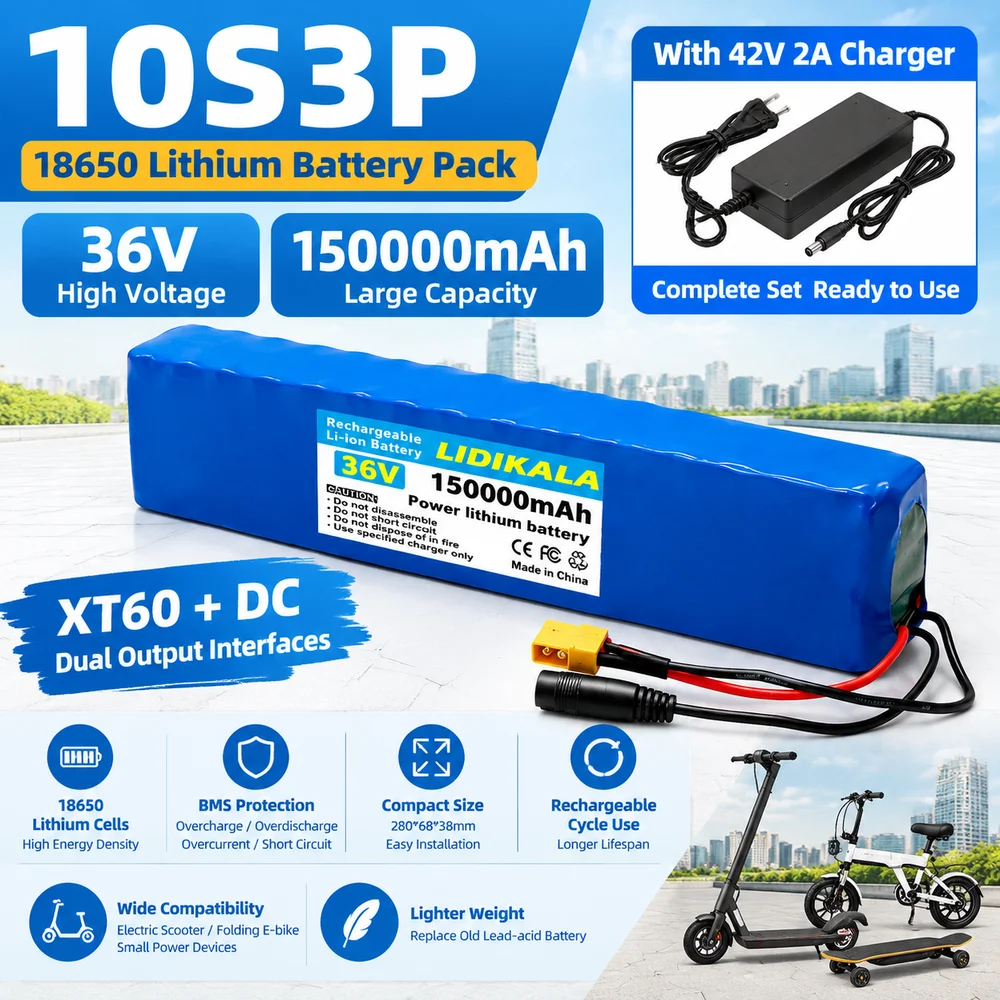 Neu aufgerüsteter 36V 10S3P 150000mAh wiederaufladbarer Lithium-Ionen-Akku, 250W-1000W Leistungs-Nachrüstung, geeignet für Elektroroller-Akkus mit BMS