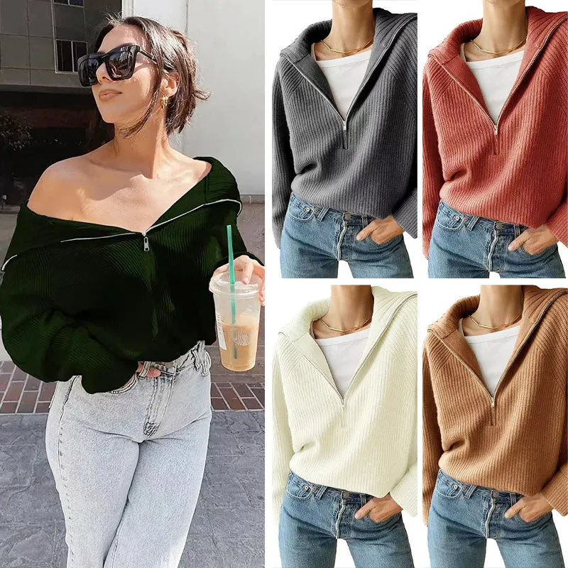 Hot Selling European American Short Style Knitted Sweater Women Long Sleeve Zipper Collar Knitwear Fashion Pullover Tops Clothes