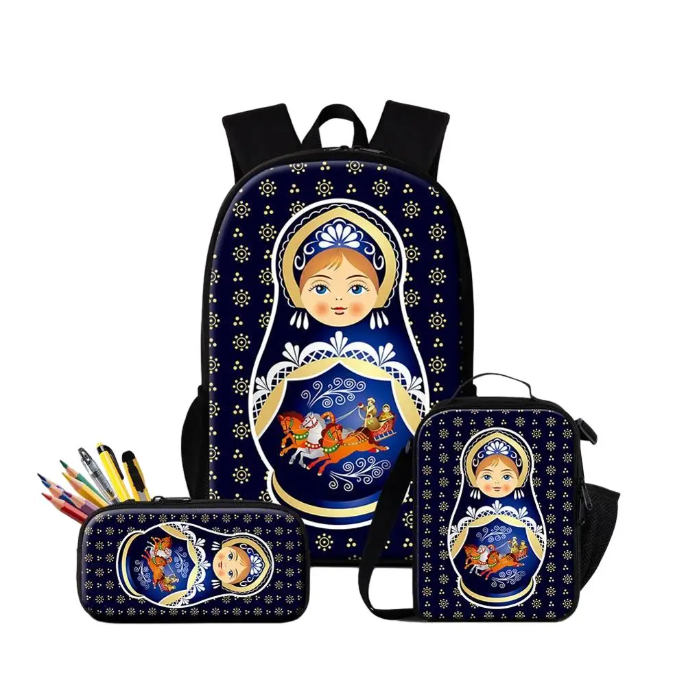 

Russian Mascot Matryona Large Capacity Backpack With Pencil Case 3PCS/Set Cartoon Matryoshka Doll Cooler School Bag Girs Bookbag