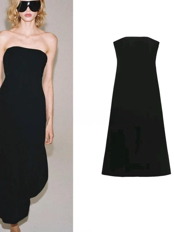Casual Style Midi Dress A-Line Hemline Shoulder Bared Mid-Length Tube Top Dress for Women in 2026 Summer Collection