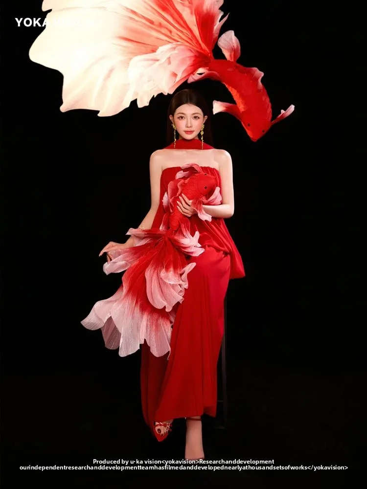 

New Year Red Theme Artistic Photography Costume Chinese Style Studio Portrait Clothing Elegant Personality National Fashion
