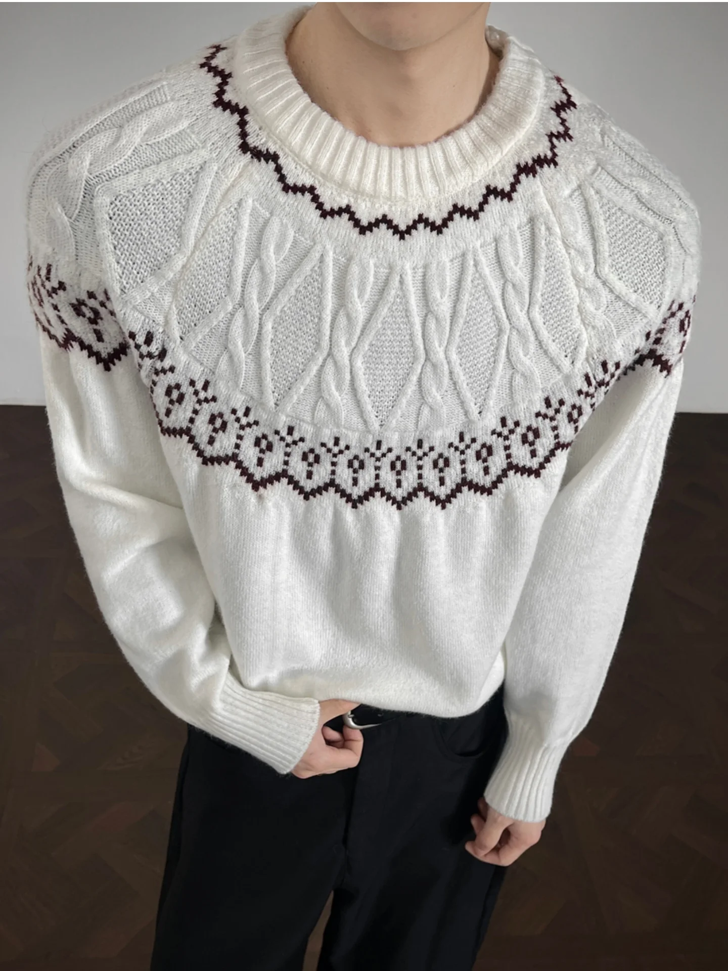 

Men's Fair Isle Knit Sweater Thiened Winter Loose Fit Comfortable Casual Sle Polyester Fiber round Ne Long Sve Top