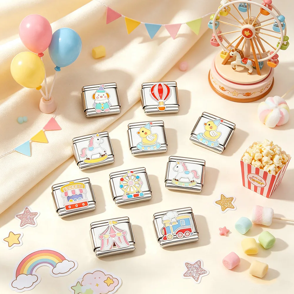 Cute Carnival Clown Ferris Wheel Train Unicorn Cartoon Italian Charm Links 9mm Fit DIY Italian Bracelet Stainless Steel Jewelry