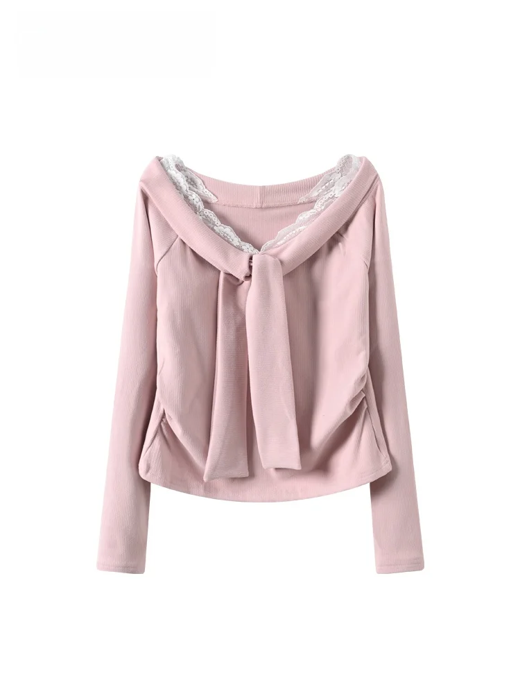 

Женская футболка больших размеров с длинным рукавом, V-образным вырезом и кружевными вставками, осенне-зимняя, модная, для повседневной носки, из полиэфирного волокна