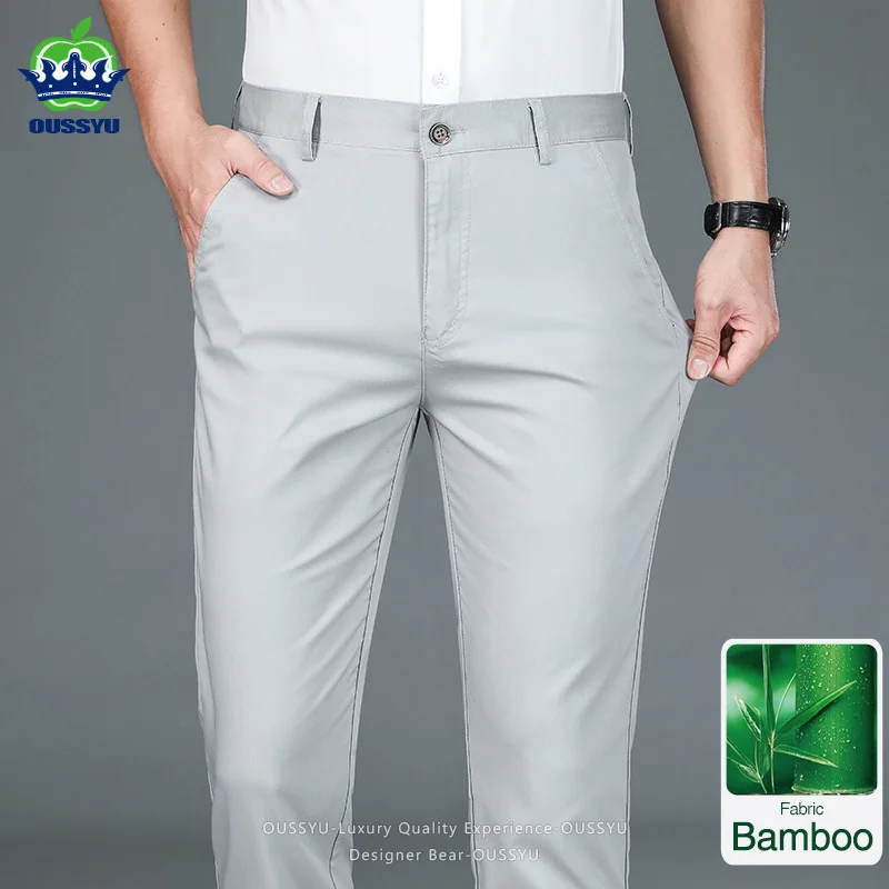

High Quality Brand Bamboo Fiber Men's Suit Pants Summer Thin Chino Khaki Straight Business Office Work Trousers Man Plus Size 40