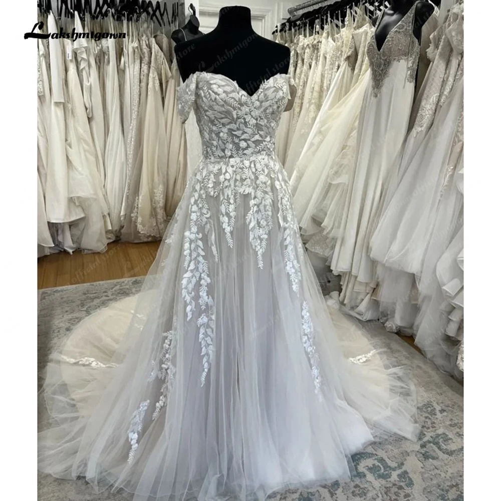 Lakshmigown Tulle A-Line Wedding Dresses Sweetheart Neck Sleeveless Lace Up Court Train Bride Gowns Appliques Off The Shoulder