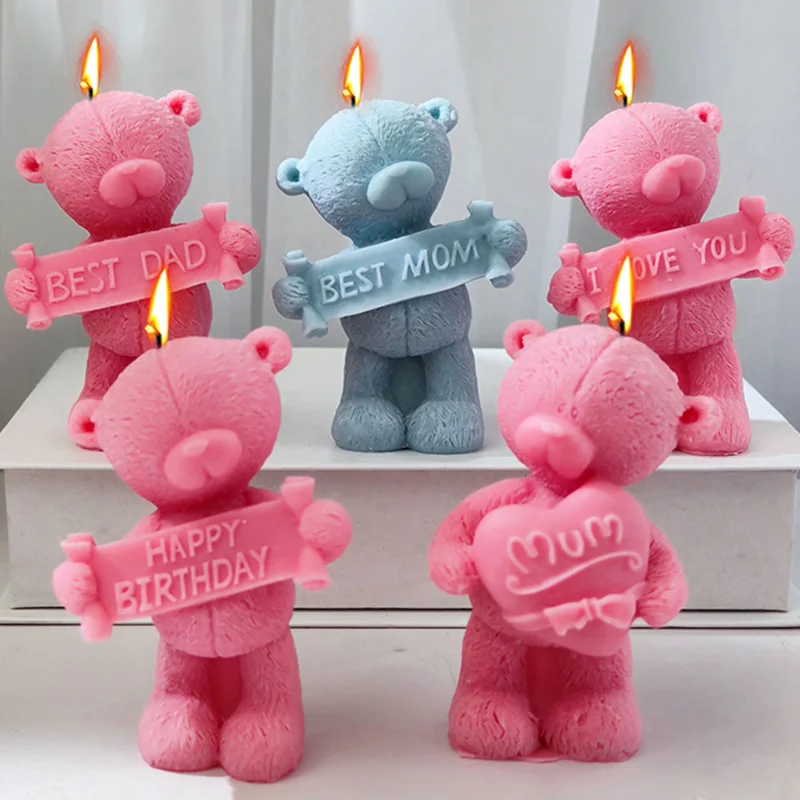 Slogan Bear Silicone Candle Mold Letter Heart Animal Soap Resin Plaster Making Chocolate Cake Decor Mother Father\'s Day Gifts