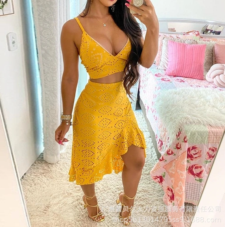 2024 Summer New Fashion Hollow Skirt Solid Color Personalized Elegant Slim Fit Short Skirt Set for Women