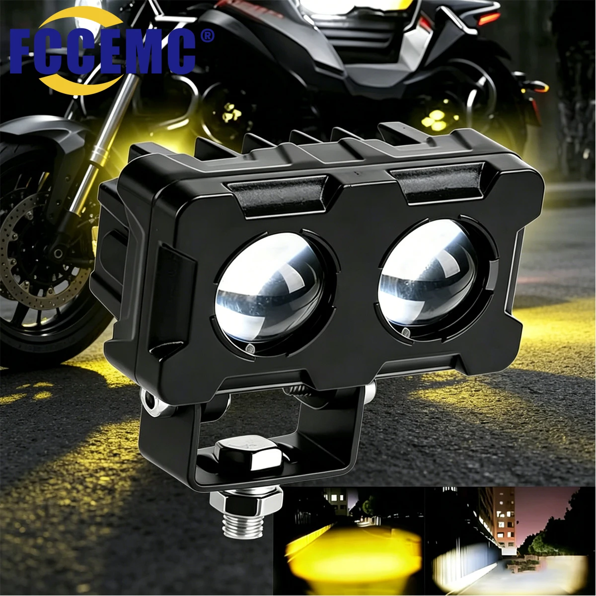 1PC Motorcycle LED Spotlight Dual Lens Auxiliary Fog Light Dual Color White Yellow DRL Driving Lamp for Motorbike ATV Scooter