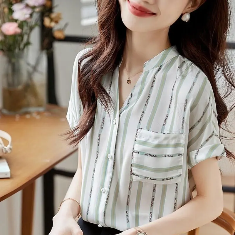 Office Lady Striped Pockets Patchwork Shirt Summer Short Sleeve Elegant V-Neck Single-breasted Female Clothing Chiffon Blouse