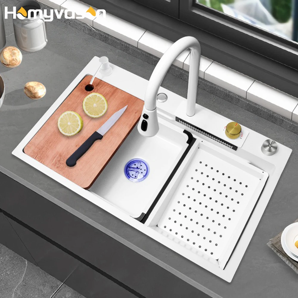 

Modern Big Size Undermount Single Bowl Nano 304 Stainless Steel Multifunctional Smart White Waterfall Kitchen Sink