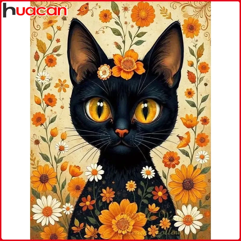 Huacan Vollquadrat Runddiamant-Malerei Katze Diamant-Mosaik Tier Blume Neue Kollektion 2026 Handgefertigtes Geschenk