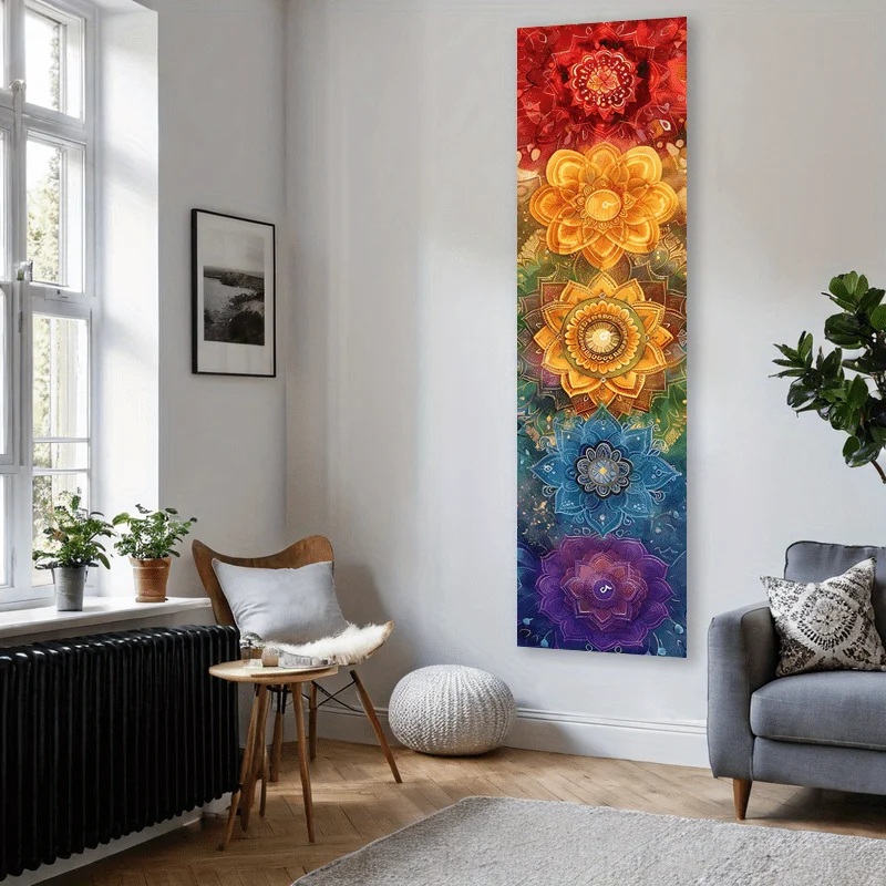VIKAMA Seven Chakra Mandala Tapestry, Rainbow Lotus Energy Yoga & Meditation Narrow Wall Hanging, Home Decor